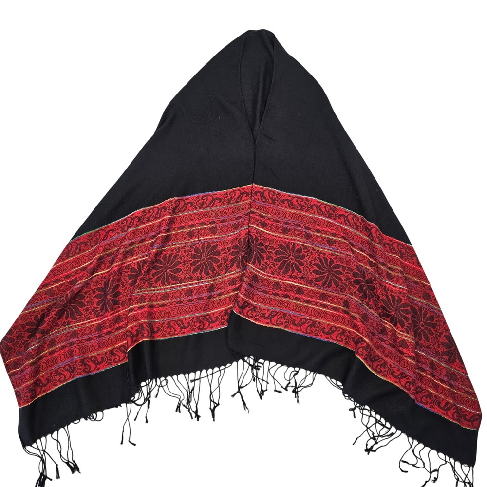 Unbranded Black Red‎ Floral Paisley Embroidered Fringe Shawl Wrap Scarf Boho